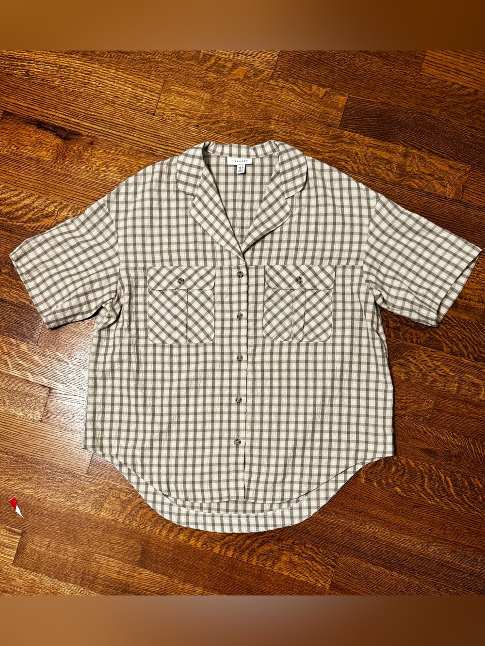 Women’s Topshop Short-Sleeve Check Button-Down Shirt - Cream & Olive. Size 8.
